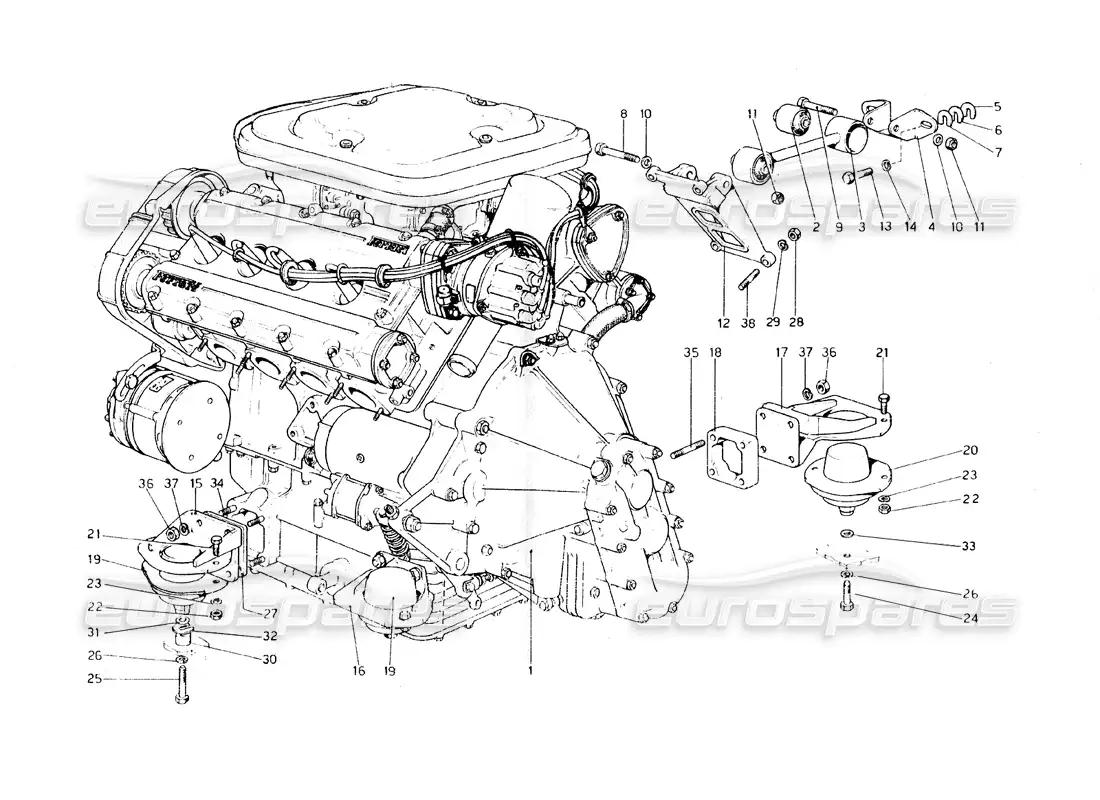 ferrari 308 gt4 dino (1979) motor - caja de cambios y soportes diagrama de piezas