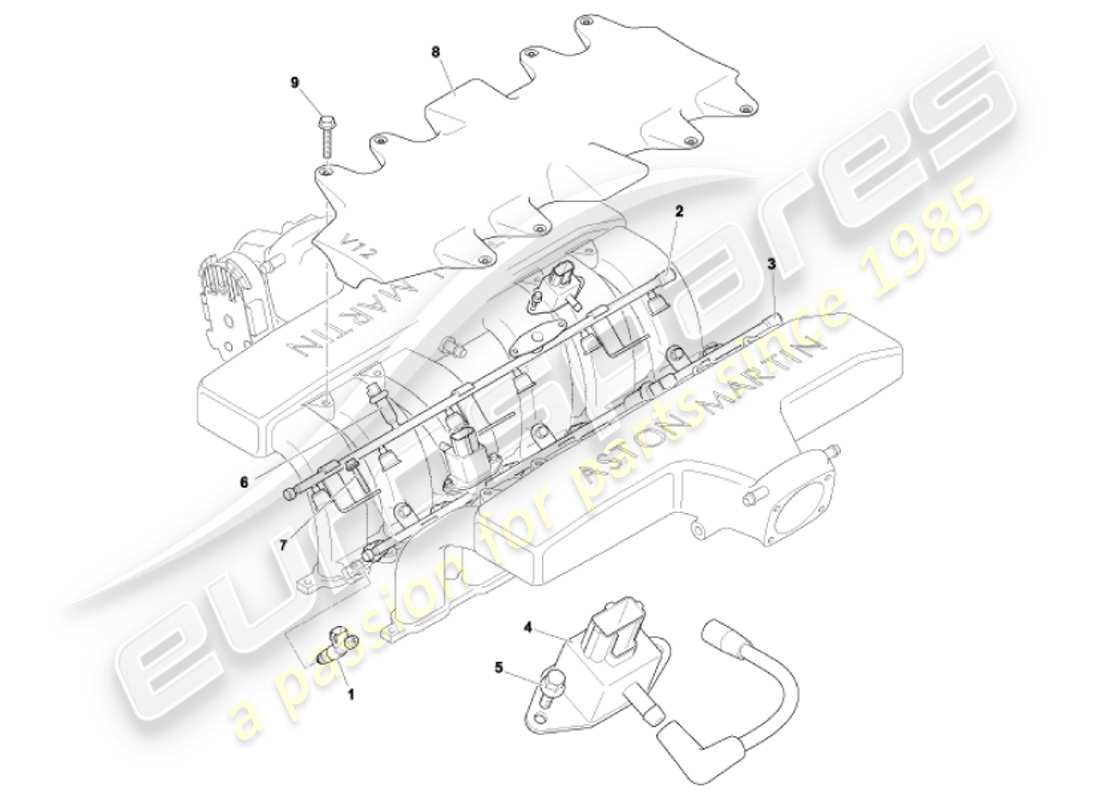 aston martin vanquish (2001) rieles de combustible e inyectores diagrama de piezas