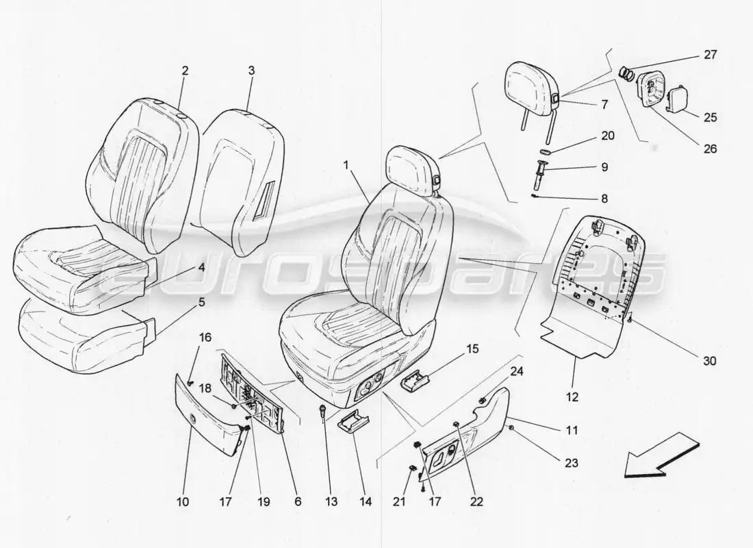 maserati qtp. v8 3.8 530bhp 2014 auto asientos delanteros: diagrama de piezas de los paneles tapizados