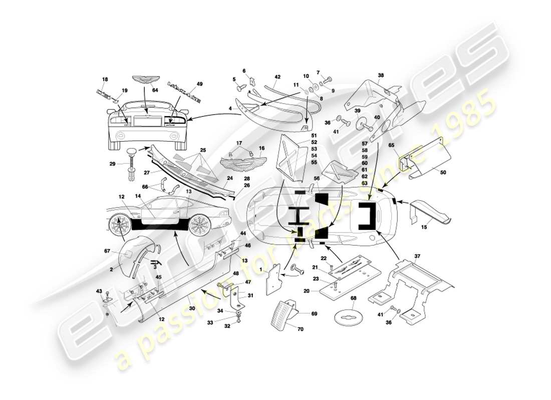 aston martin db7 vantage (2000) diagrama de piezas de accesorios para la carrocería