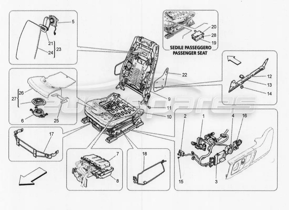 maserati qtp. v8 3.8 530bhp 2014 auto asientos delanteros: diagrama de piezas de mecánica y electrónica