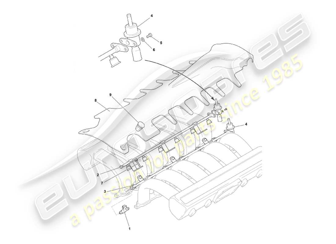 aston martin db7 vantage (2002) diagrama de piezas de inyectores y rieles de combustible