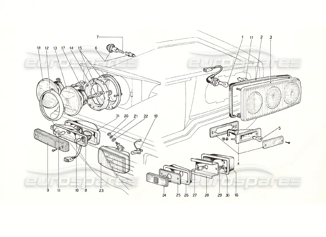 ferrari 308 gt4 dino (1976) luces diagrama de piezas