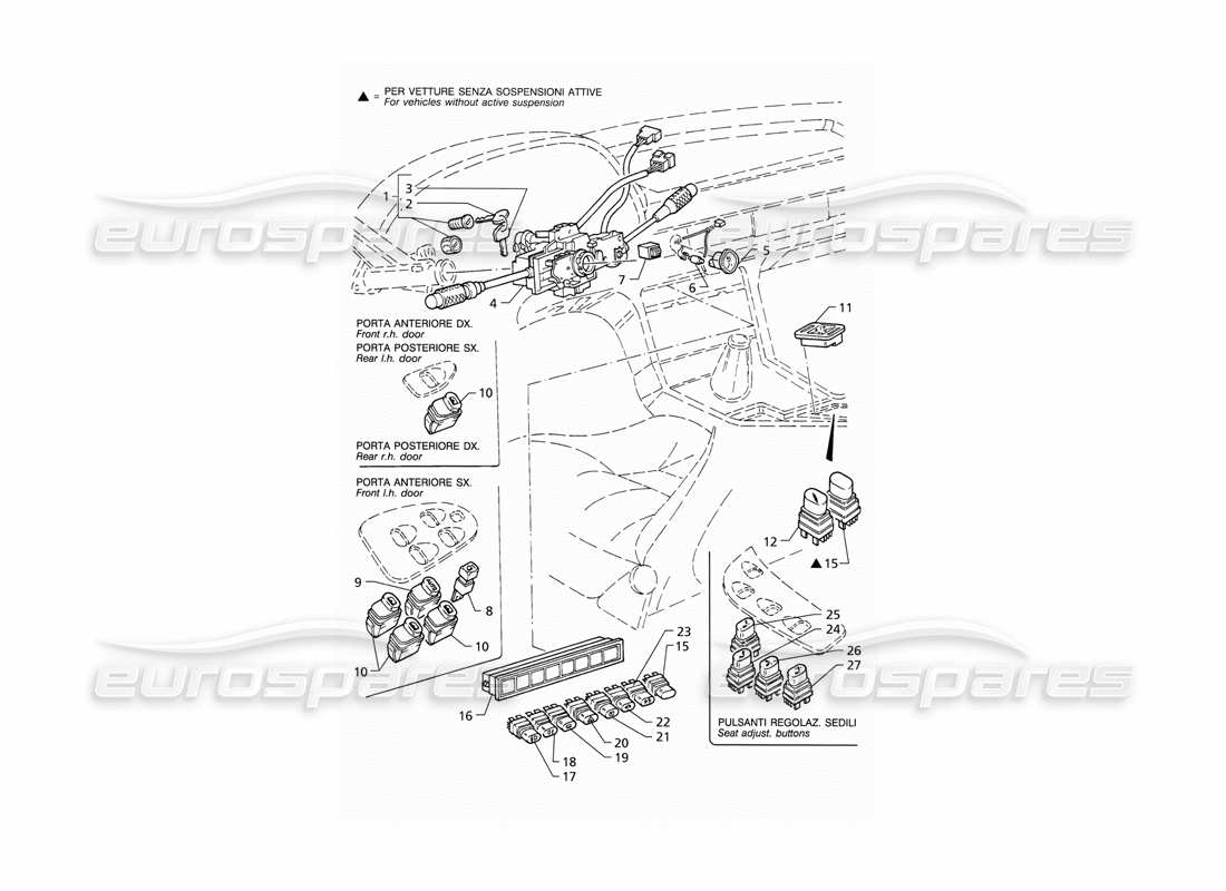 maserati qtp v6 (1996) interruptores y bloqueo de dirección (lhd) diagrama de piezas