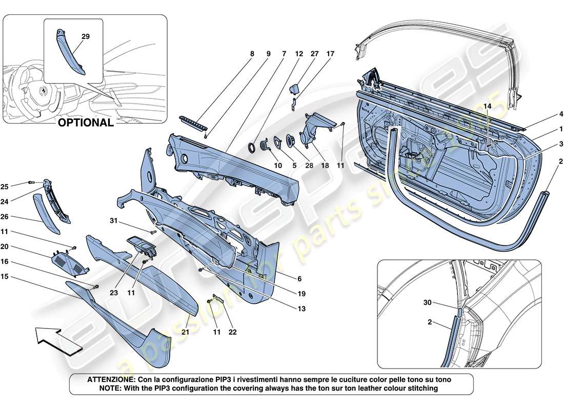 ferrari ff (rhd) puertas - subestructura y acabados diagrama de piezas