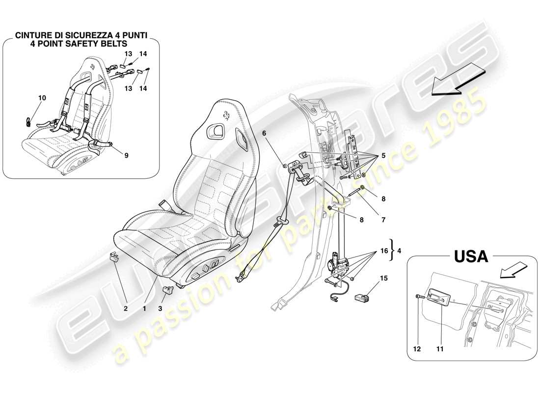 ferrari 599 gtb fiorano (europe) asiento delantero completo y cinturones de seguridad diagrama de piezas