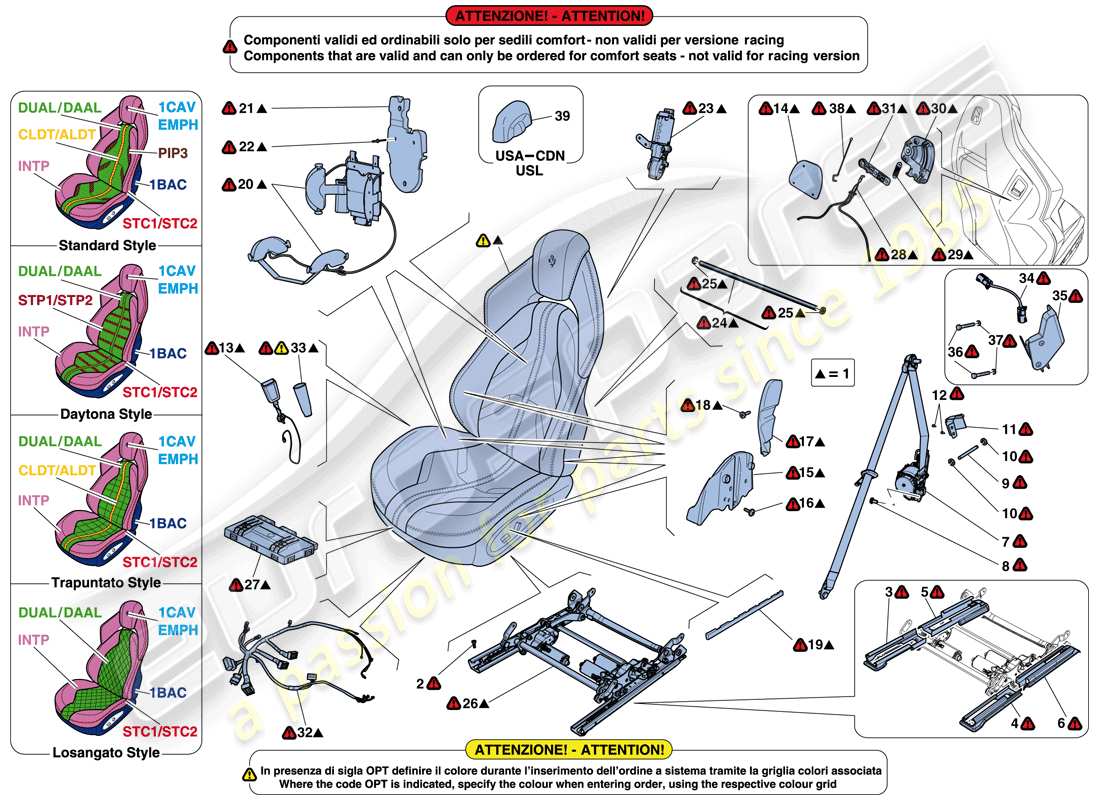 ferrari 812 superfast (usa) asiento delantero - cinturones de seguridad, guías y ajuste esquema de piezas