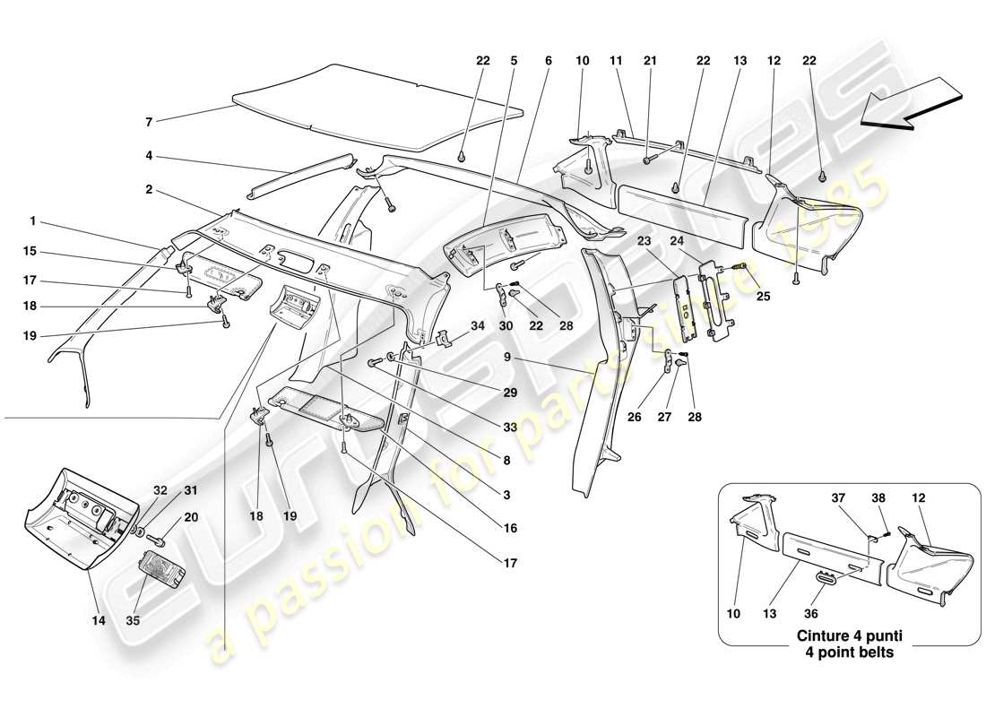 ferrari f430 scuderia (rhd) accesorios y acabados del techo diagrama de piezas