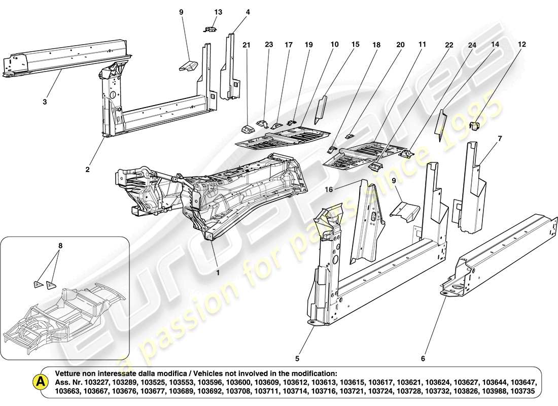 ferrari california (europe) estructuras centrales y secciones de caja del chasis diagrama de piezas