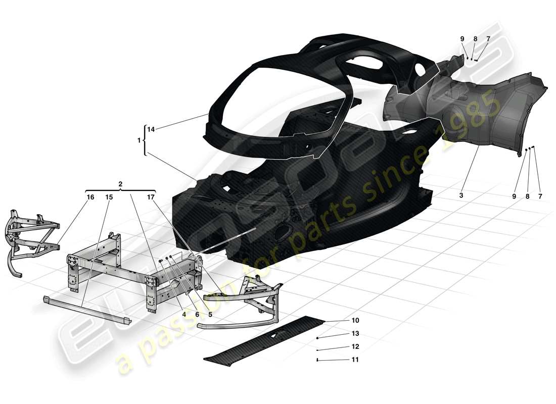ferrari laferrari (europe) tina monocasco - subchasis delantero - bandeja inferior plana central diagrama de piezas