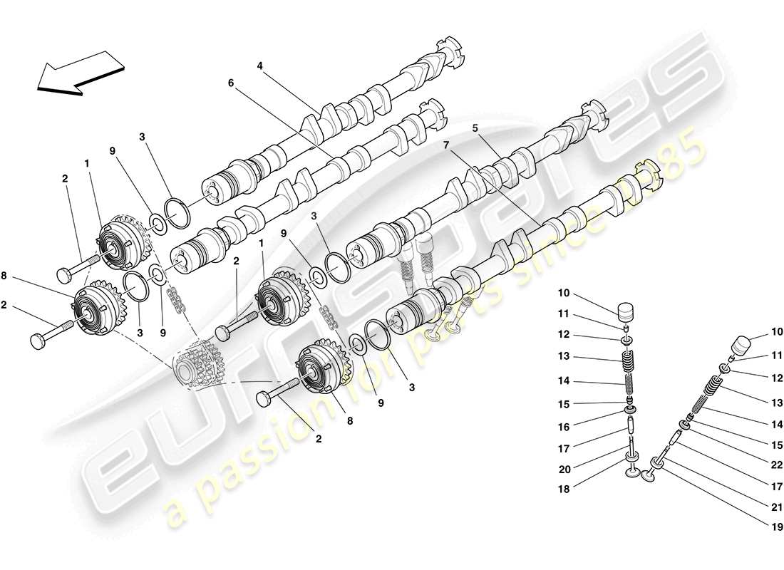 ferrari california (rhd) sistema de distribución - árboles de levas y válvulas diagrama de piezas