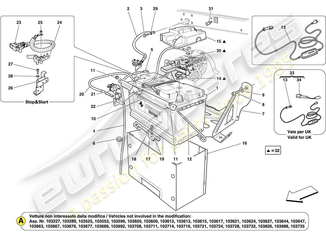 ferrari california (rhd) diagrama de piezas de la batería