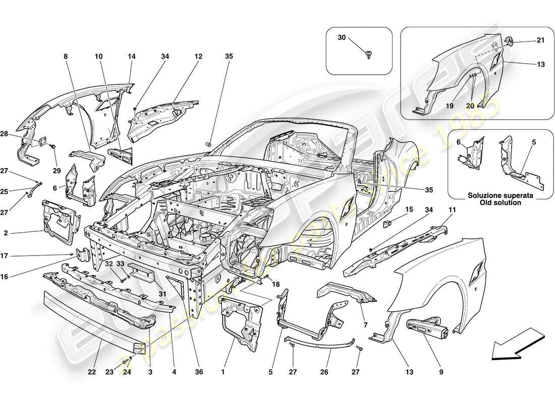 ferrari california (rhd) carrocería y acabado delantero externo diagrama de piezas