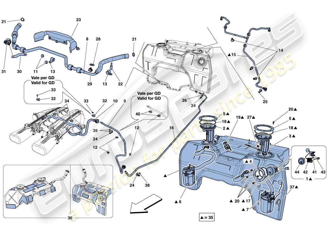 ferrari f12 tdf (rhd) tanque de combustible, bombas y tubos del sistema de combustible diagrama de piezas