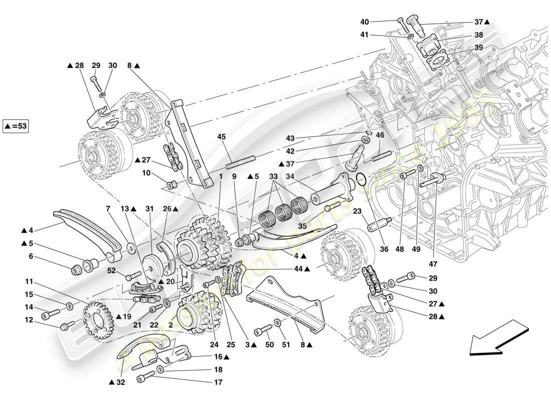 ferrari 599 gtb fiorano (europe) sistema de distribución - diagrama de piezas de transmisión