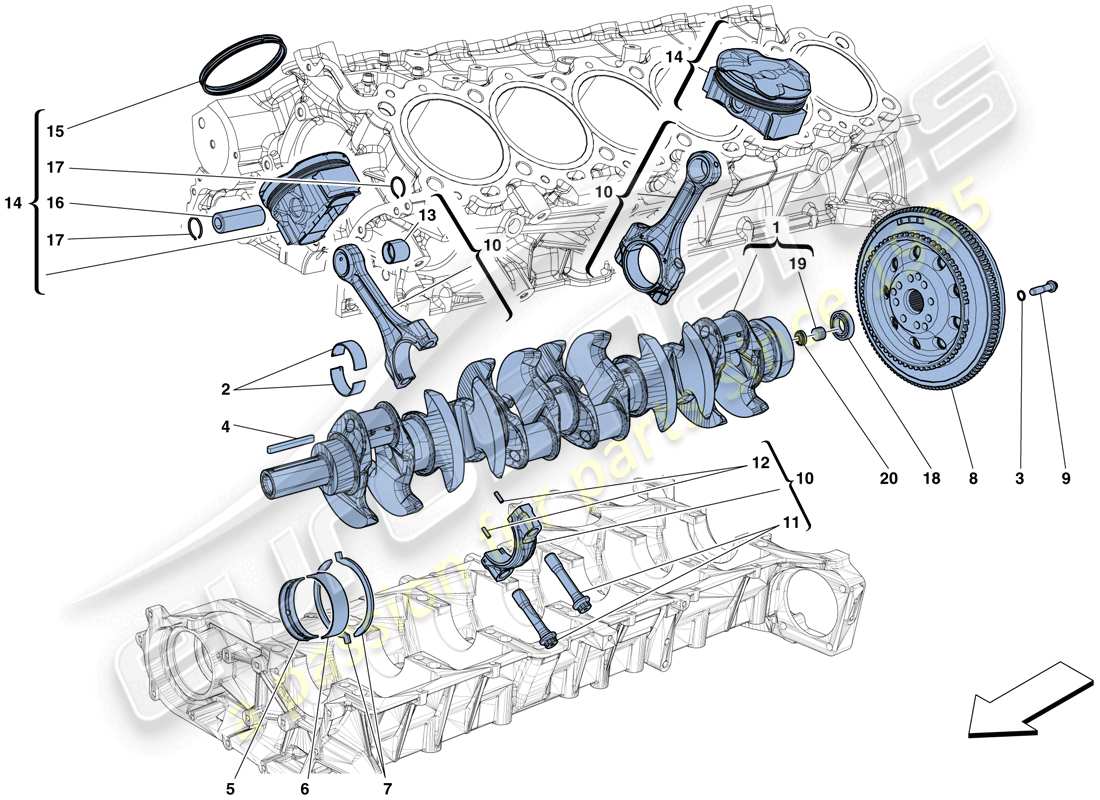 ferrari f12 tdf (rhd) cigüeñal - biela ​​y pistones diagrama de piezas