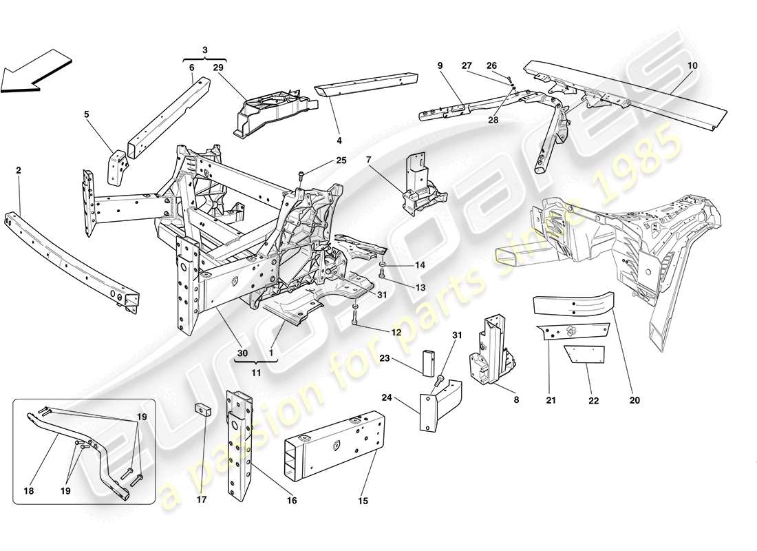 ferrari california (europe) estructuras frontales y secciones tipo caja del chasis. diagrama de piezas