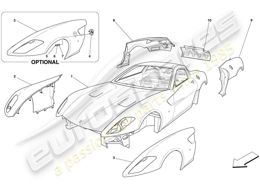 ferrari 599 gtb fiorano (europe) carrocería - diagrama de piezas de acabado externo