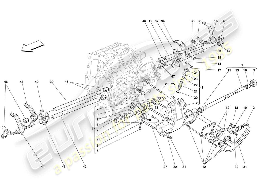 ferrari 599 gtb fiorano (europe) controles internos de la caja de cambios diagrama de piezas