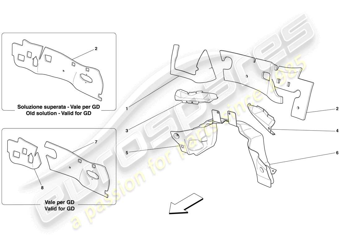 ferrari 612 sessanta (europe) aislamiento del cortafuegos del compartimiento del motor diagrama de piezas