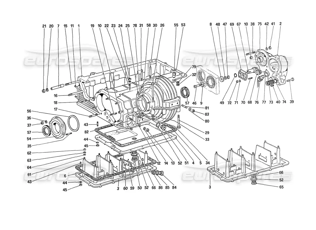 ferrari 208 turbo (1989) caja de cambios: diagrama de piezas de la carcasa del diferencial y de la bomba de aceite