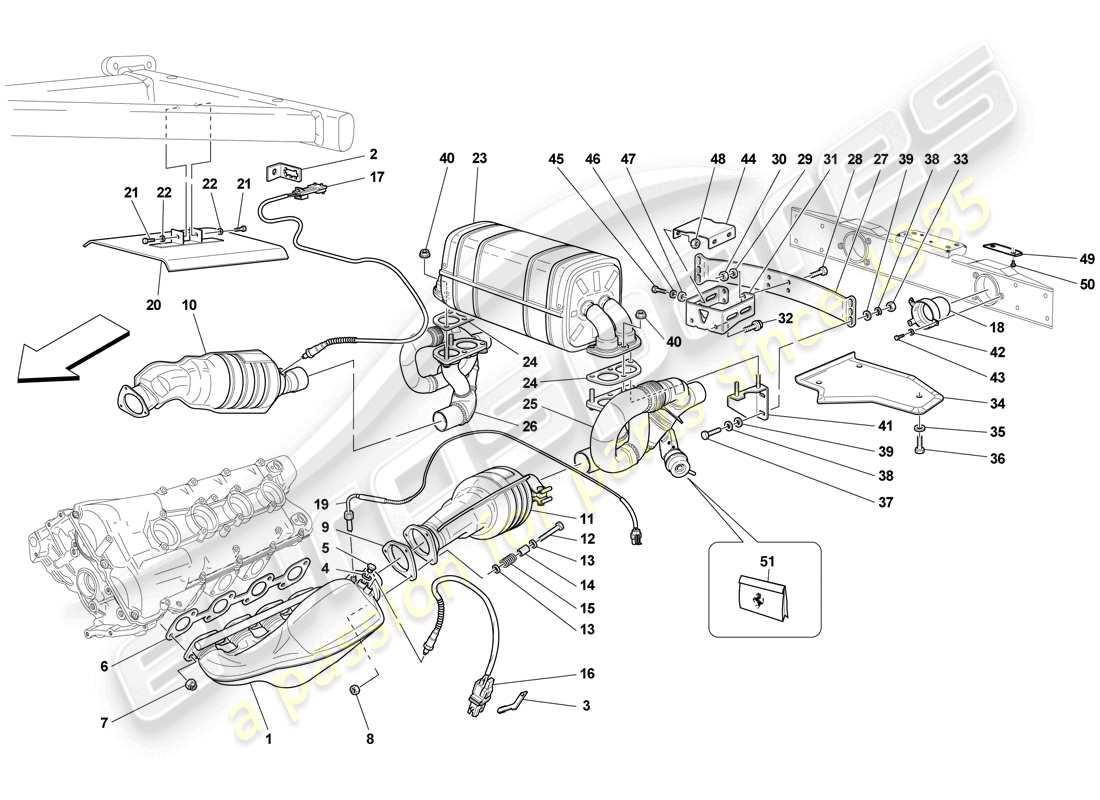 ferrari f430 scuderia (rhd) sistema de escape de carreras diagrama de piezas