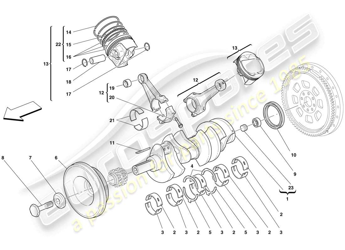 ferrari f430 scuderia (rhd) cigüeñal - biela ​​y pistones diagrama de piezas