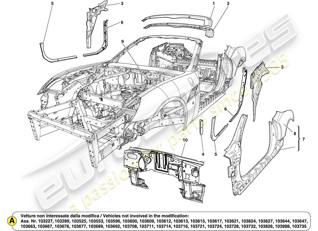 ferrari california (europe) carrocería central y molduras exteriores diagrama de piezas