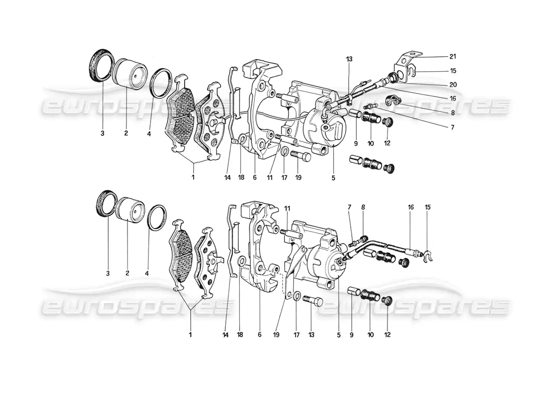 ferrari 208 turbo (1989) diagrama de piezas de pinzas para frenos delanteros y traseros