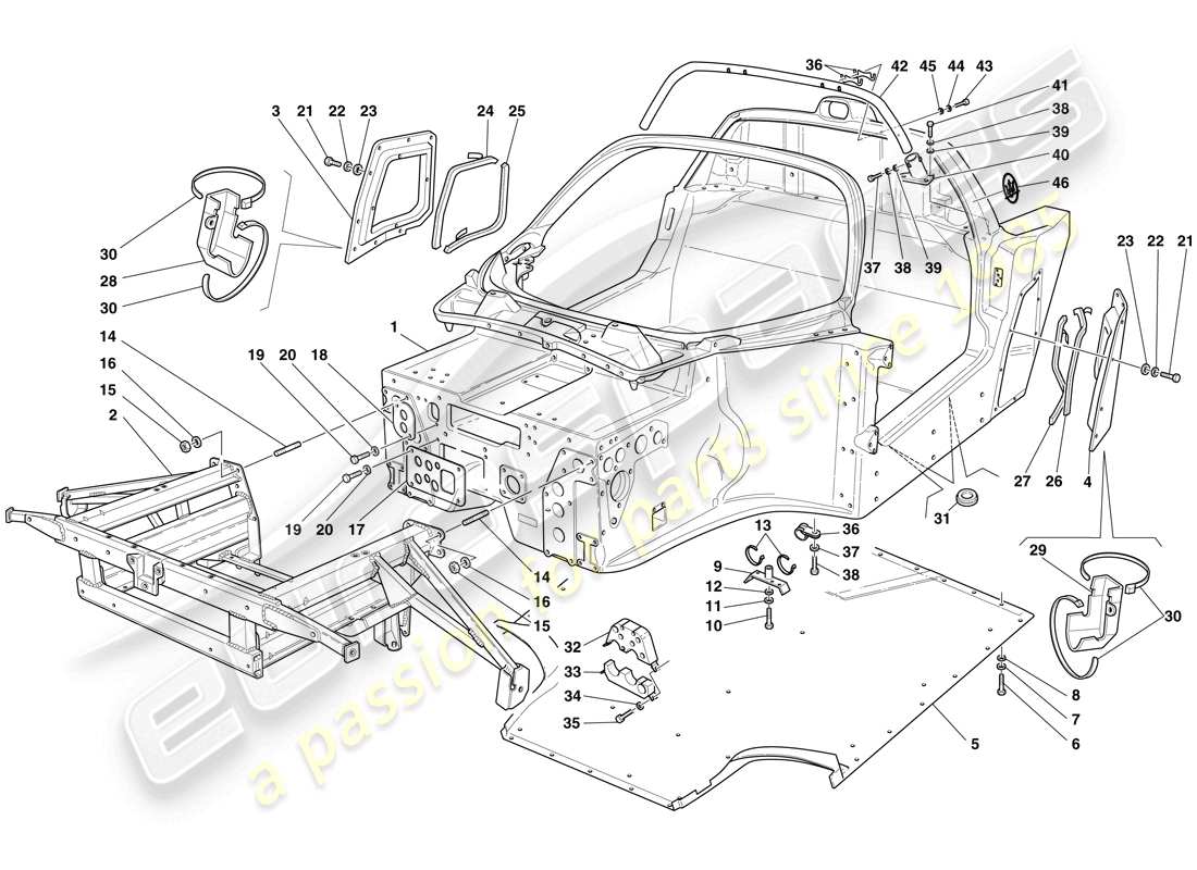 maserati mc12 bastidor de carrocería - bastidor delantero - pan de piso plano central diagrama de piezas