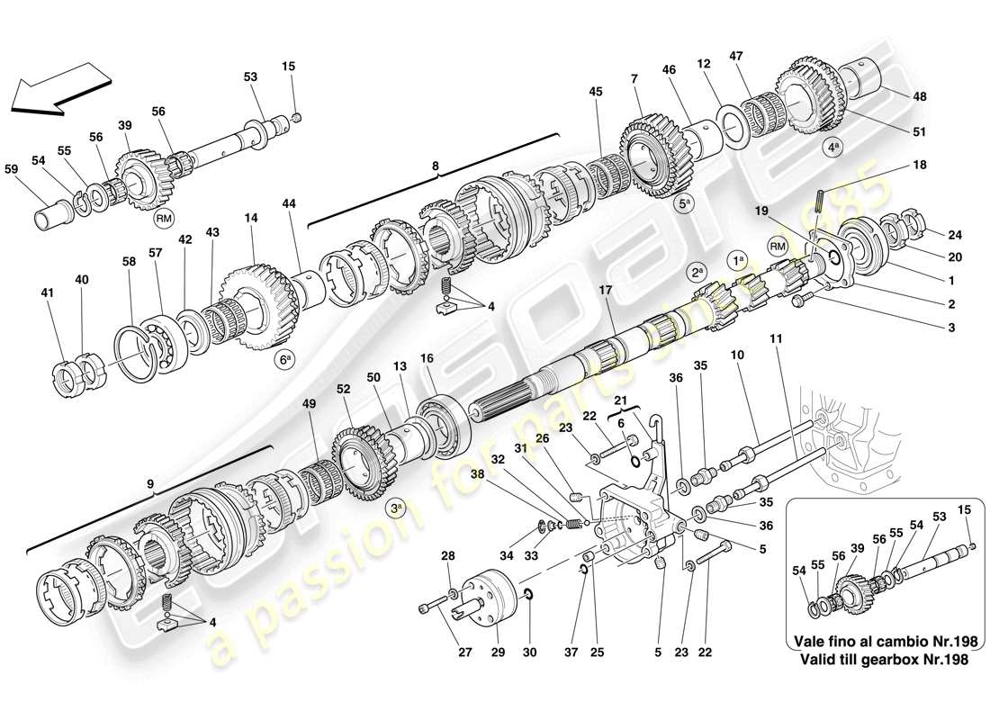 ferrari 612 sessanta (europe) diagrama de piezas de los engranajes del eje de la caja de cambios primaria y de la bomba de aceite de la caja de cambios