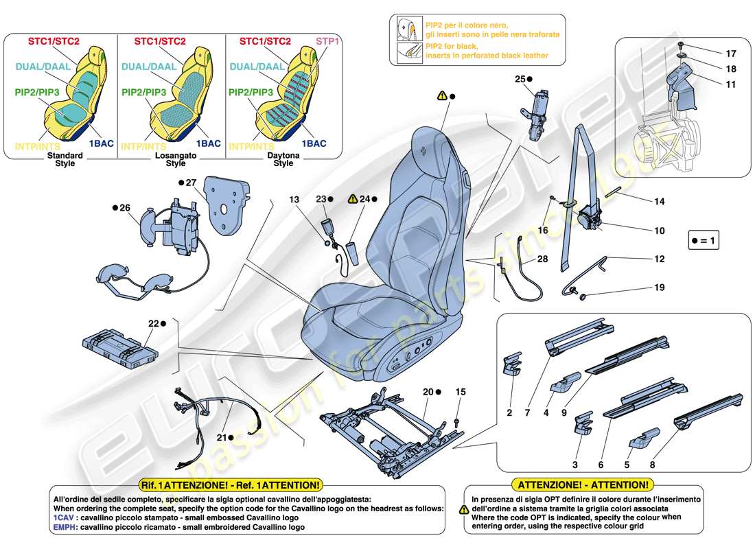 ferrari gtc4 lusso (rhd) asiento delantero - cinturones de seguridad, guías y ajuste esquema de piezas
