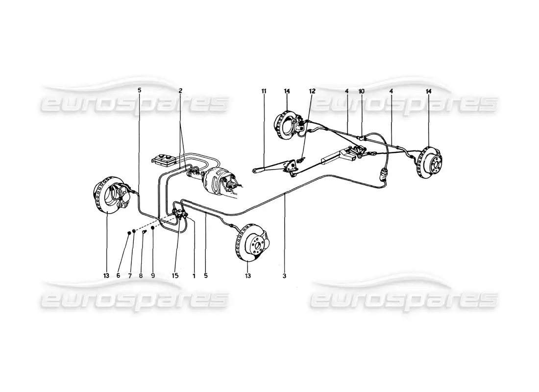ferrari 246 dino (1975) sistema hidráulico de frenos sobre ruedas (variantes para versiones usa) diagrama de piezas