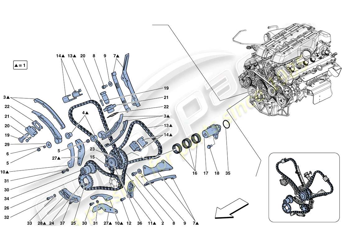 ferrari ff (rhd) sistema de distribución - diagrama de piezas de transmisión