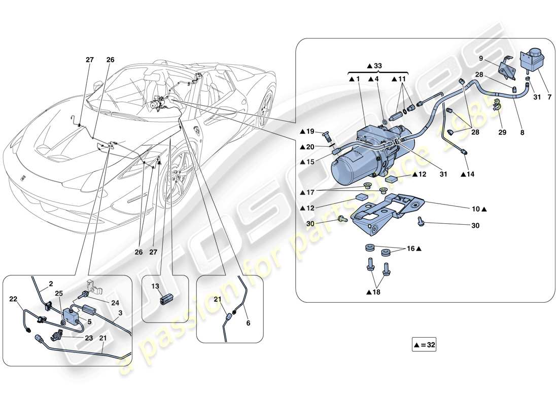 ferrari 458 speciale aperta (rhd) sistema de elevación de vehículos diagrama de piezas