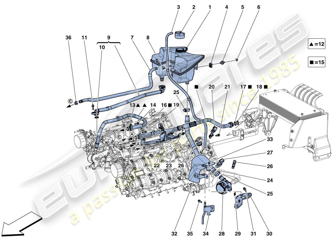 ferrari 488 spider (usa) enfriamiento - tanque colector y tuberías diagrama de piezas