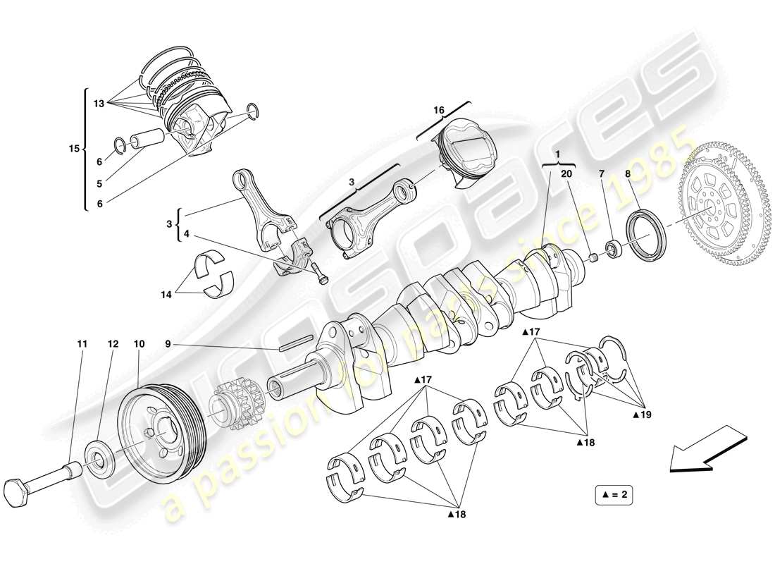 ferrari 599 gto (rhd) cigüeñal - bielas y pistones diagrama de piezas