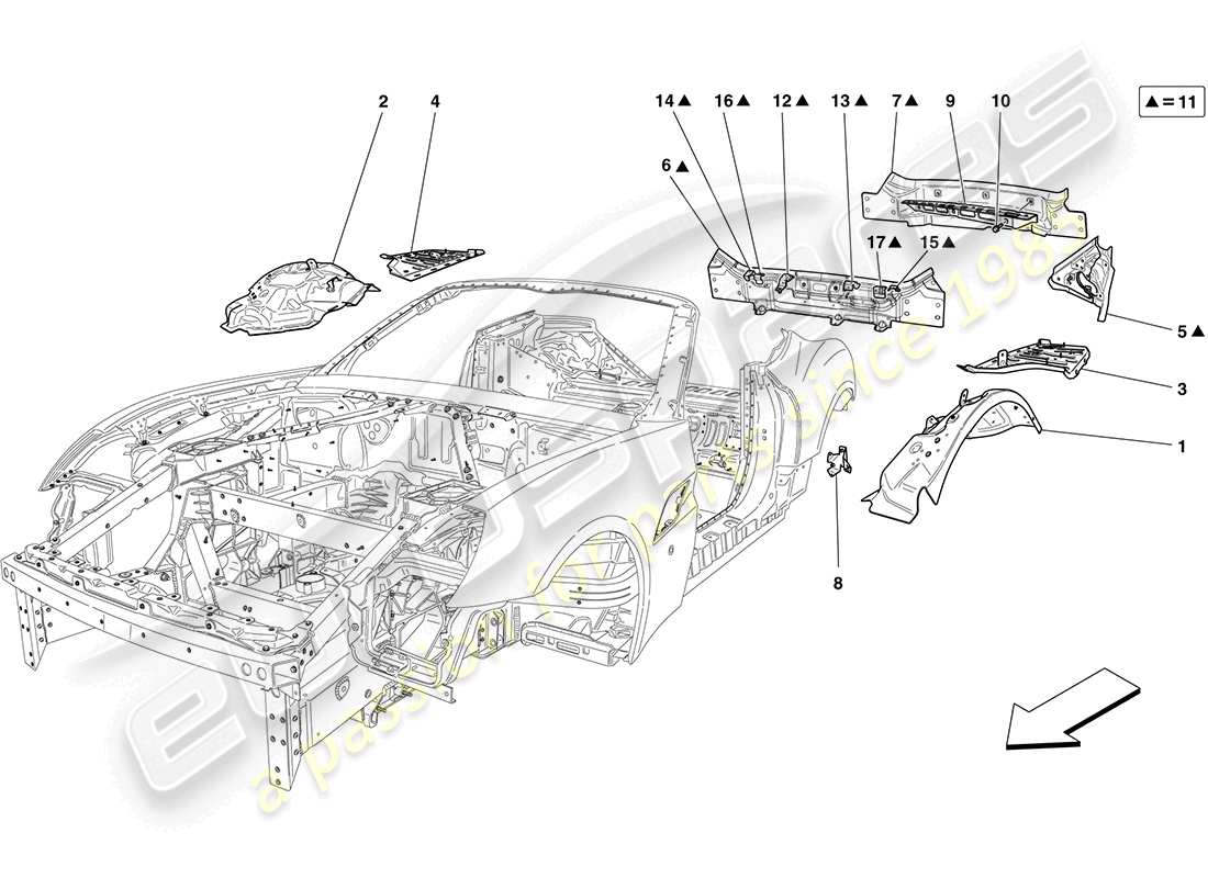 ferrari california (europe) carrocería trasera y revestimiento exterior diagrama de piezas