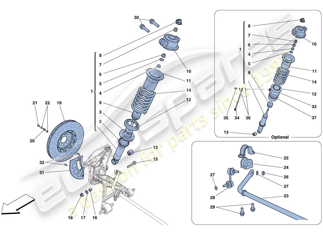 ferrari 458 italia (rhd) suspensión delantera - amortiguador y disco de freno diagrama de piezas