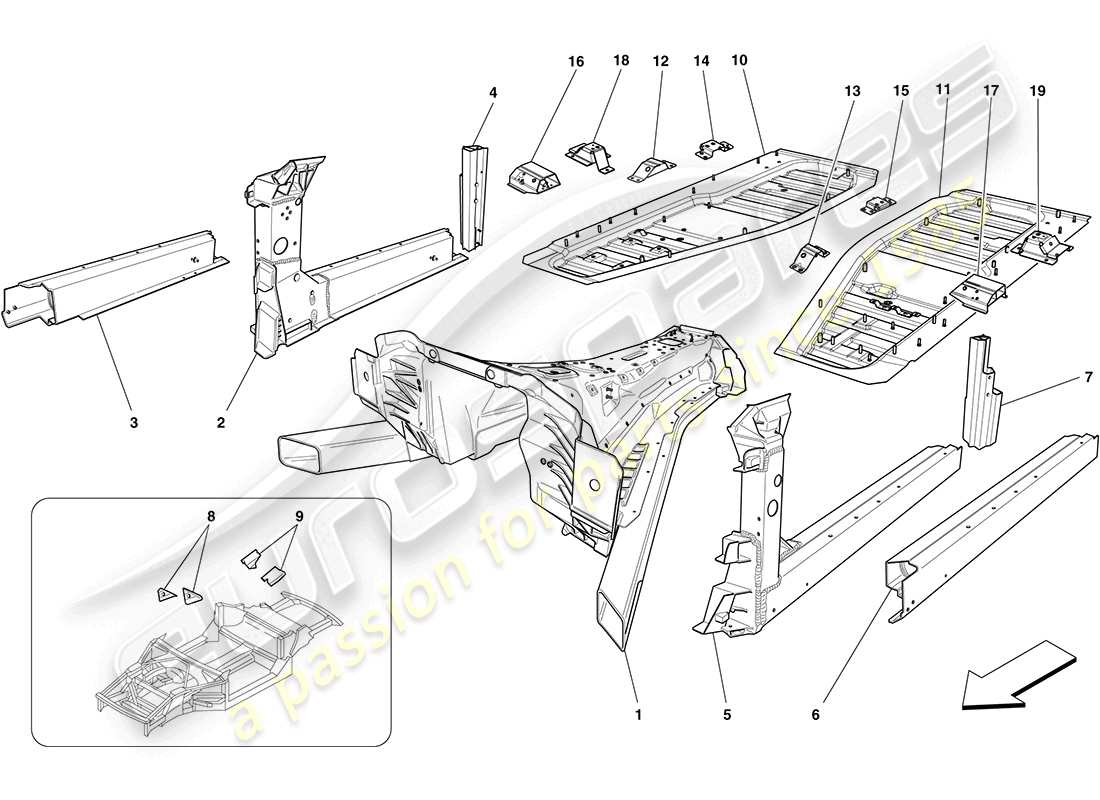 ferrari california (europe) estructuras centrales y secciones de caja del chasis diagrama de piezas