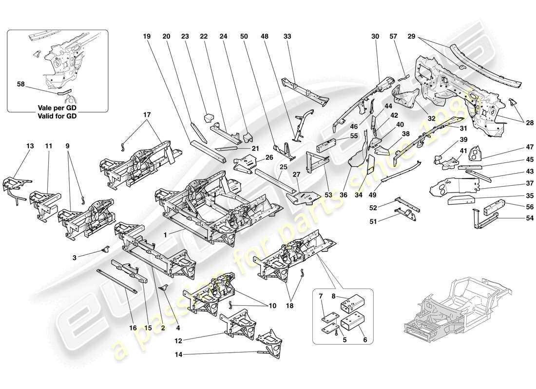 ferrari 612 sessanta (europe) estructuras y elementos delantero del vehículo diagrama de piezas