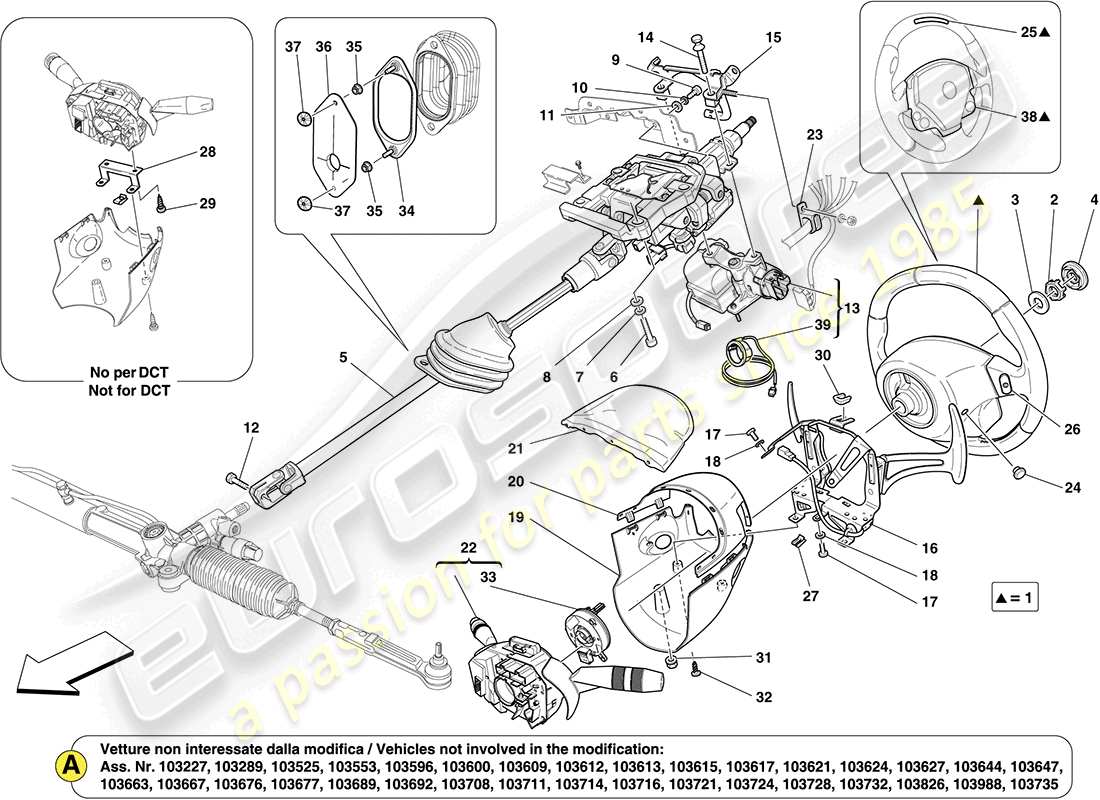 ferrari california (europe) conjunto de la columna de dirección y volante diagrama de piezas