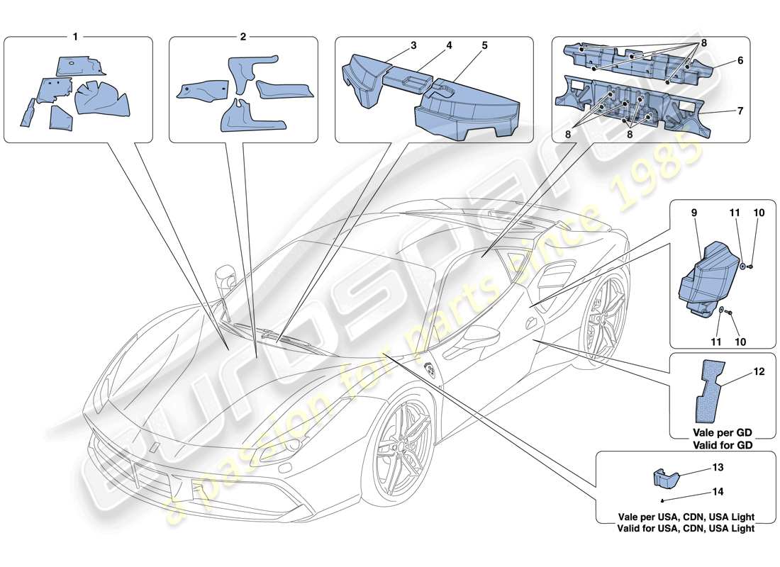 ferrari 488 gtb (rhd) aislamiento diagrama de piezas