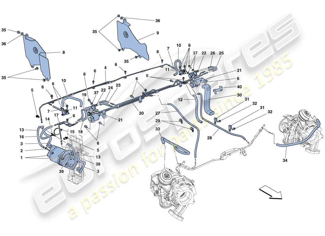 ferrari 488 gtb (rhd) ajustes del sistema de turboalimentación diagrama de piezas