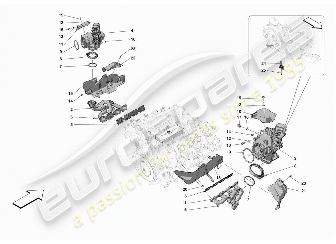 ferrari f8 spider turbocompresores y soportes para sistema de inducción forzada diagrama de piezas