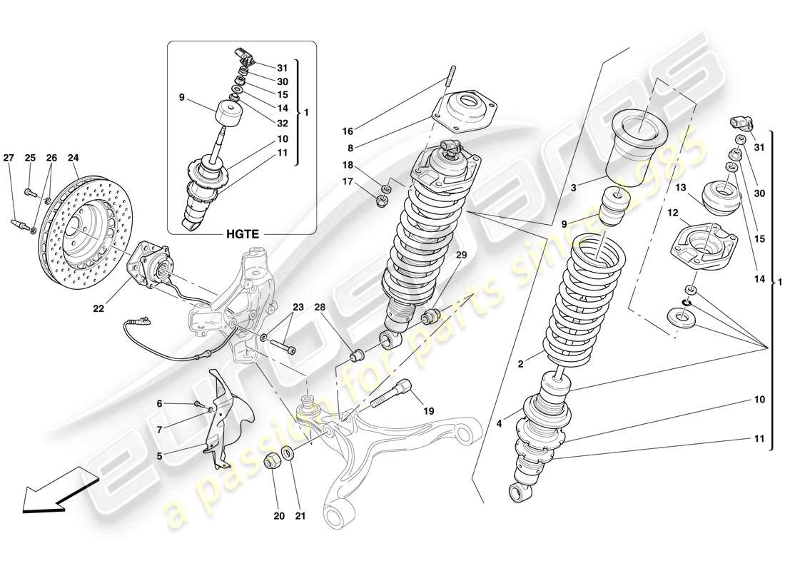 ferrari 599 gtb fiorano (europe) suspensión delantera - amortiguador y disco de freno diagrama de piezas