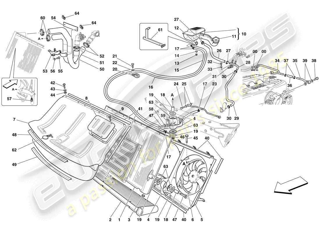 ferrari 599 gtb fiorano (europe) sistema de refrigeración - radiador y tanque colector diagrama de piezas
