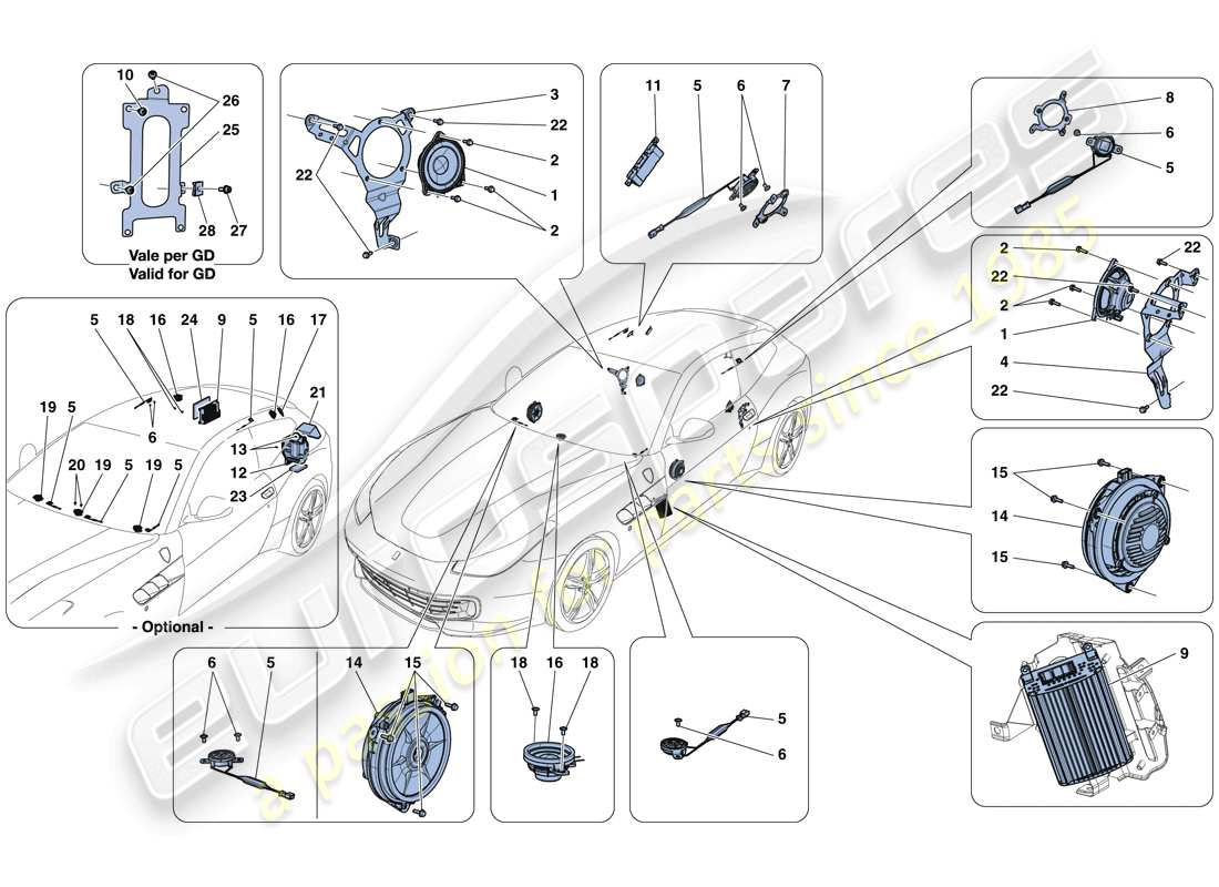 ferrari gtc4 lusso (rhd) diagrama de piezas del sistema de altavoces de audio