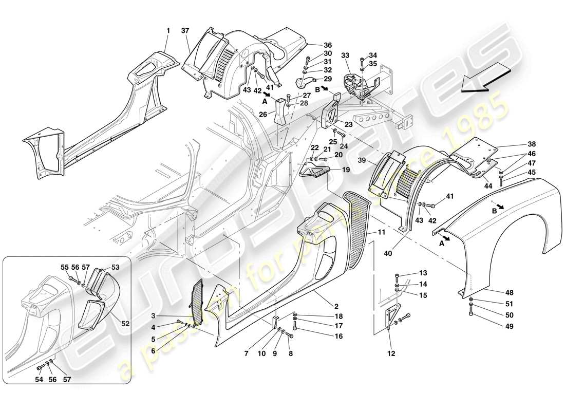 maserati mc12 trasero - moldeados exteriores y paso de rueda diagrama de piezas