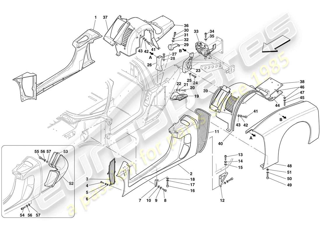 maserati mc12 parte trasera: diagrama de piezas de molduras exteriores y puente de mando